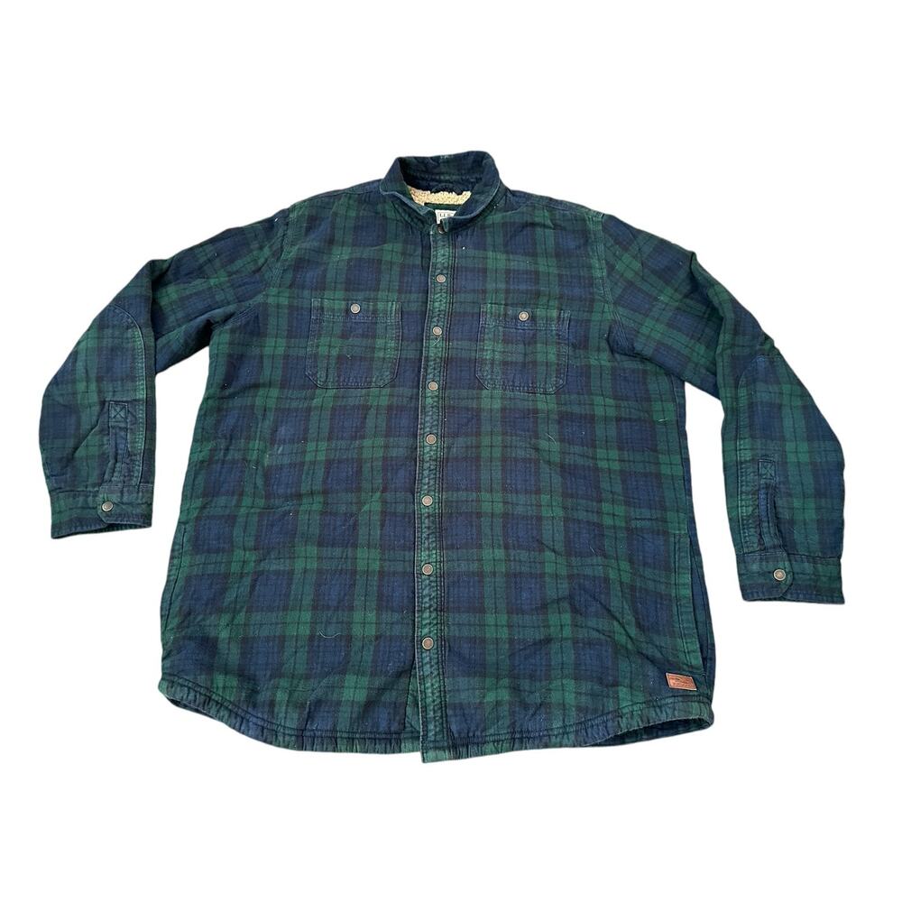 LL Bean Green Blue Plaid Sherpa Fleece Flannel Button Up Shirt XLT